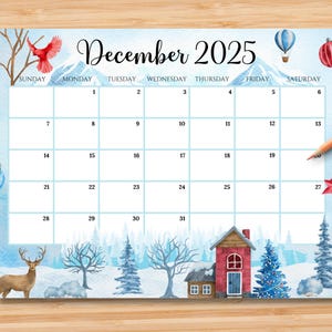 EDITABLE December 2025 Calendar, Beautiful Winter in a Highland w/ Reindeer & Red Bird, Printable Monthly Planner for Kid School Home Office