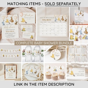 May include: A Winnie the Pooh themed baby shower printable bundle with a variety of items including invitations, a welcome sign, water bottle labels, cupcake toppers, food labels, and a guess the baby's birth date game. The items are all in a light brown and gold color scheme with illustrations of Winnie the Pooh and his friends.