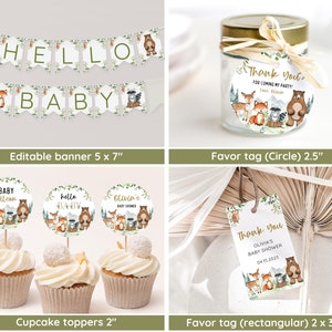 Pu&ograve; includere: Decorazioni per una festa di baby shower a tema bosco con uno striscione che dice "Hello Baby", topper per cupcake con animali del bosco ed etichette di ringraziamento con animali del bosco. Le etichette di ringraziamento sono di forma rotonda e rettangolare.