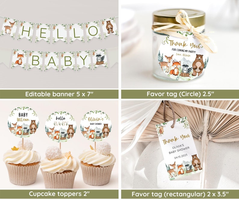 Pu&ograve; includere: Decorazioni per una festa di baby shower a tema bosco con uno striscione che dice "Hello Baby", topper per cupcake con animali del bosco ed etichette di ringraziamento con animali del bosco. Le etichette di ringraziamento sono di forma rotonda e rettangolare.