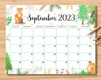 EDITABLE September 2023 Calendar, Beautiful Fall Autumn with Cute Foxes & Yellow Leaves, Printable Fillable Planner Kids School Schedule