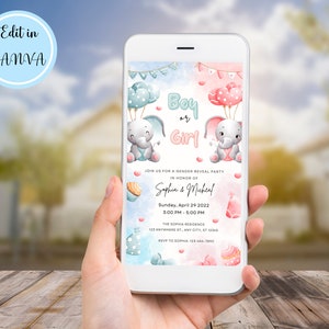 Editable Digital Gender Reveal Invitation, Electronic Gender Reveal Evite, Elephant Gender Reveal, Baby Shower Party Invitation