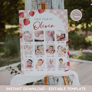 Póster con foto de cumpleaños de fresa con cuadros vichy rosas, plantilla de póster de bayas, imagen de primer cumpleaños de bayas, decoración de cumpleaños, primer cumpleaños de niña EDITABLE