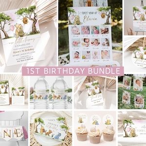Winnie the Pooh Girl First Birthday Invitation Bundle, Classic Pooh Bear 1st Birthday, Vintage Pooh Party Invite, Editable & Printable