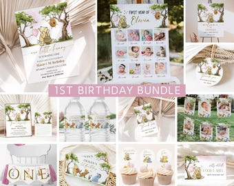 Winnie the Pooh Girl First Birthday Invitation Bundle, Classic Pooh Bear 1st Birthday, Vintage Pooh Party Invite, Editable & Printable