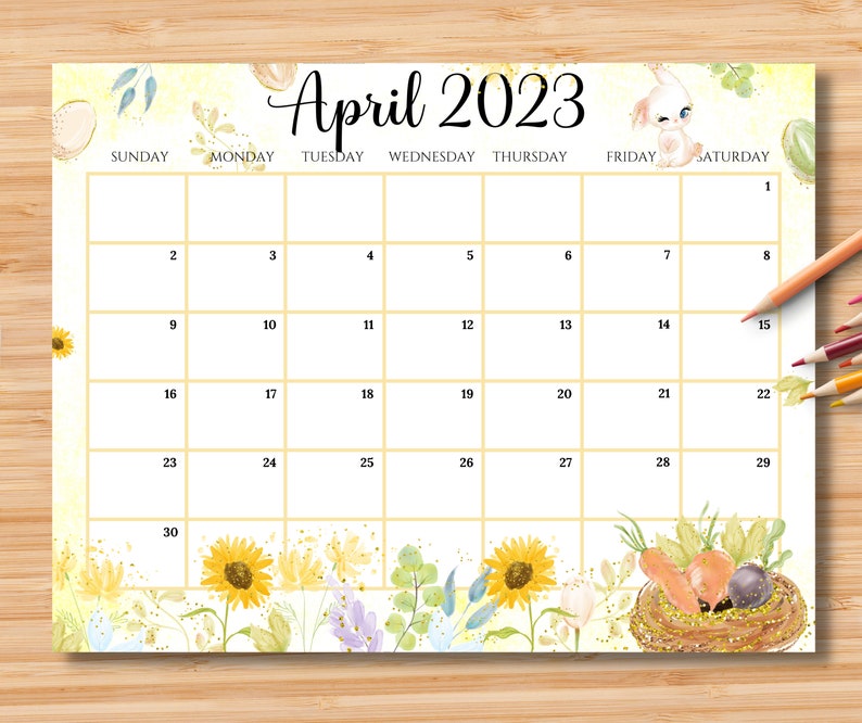 EDITABLE April 2023 Calendar Happy Easter Day with Cute Bunny - Etsy España