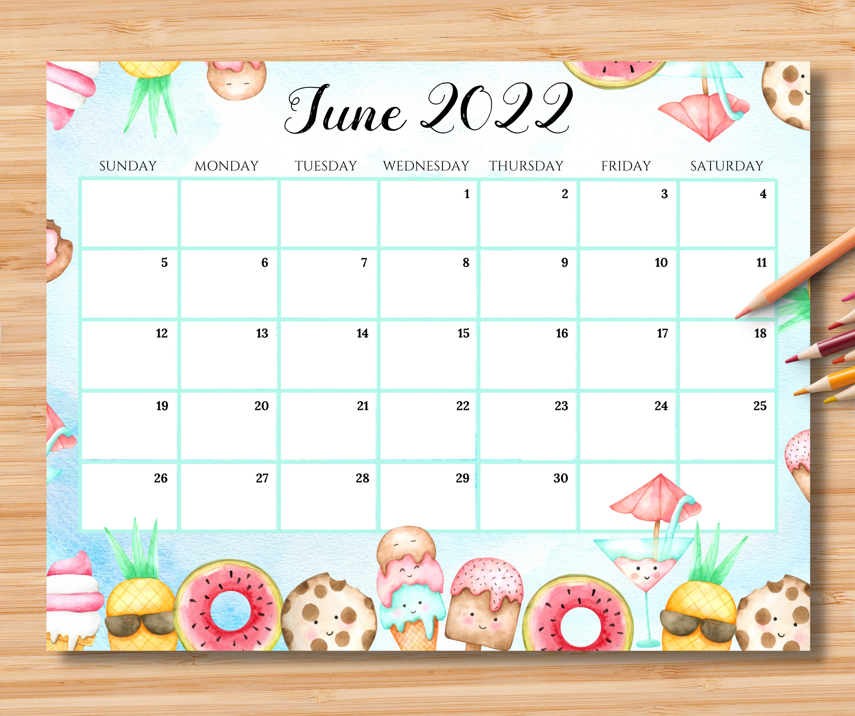 editable june 2022 calendar happy summer with cute sweet etsy