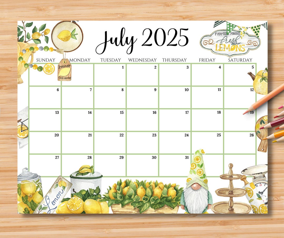 Editable July 2025 Calendar, Cute Summer Planner W/ Lemon Gnomes ...