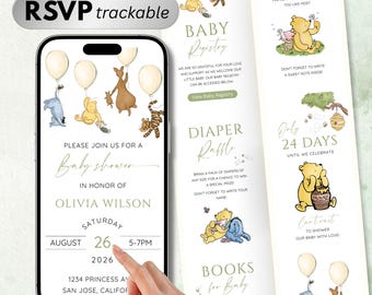 Winnie the Pooh Baby Shower Website Invitation with RSVP, Editable Canva Digital Invite Template, Teddy Bear Gender Neutral Baby Shower