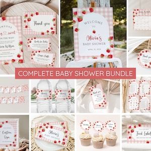 May include: A complete baby shower bundle with a strawberry theme. The bundle includes invitations, thank you cards, a welcome sign, water bottle labels, cupcake toppers, food labels, and a game. The colors are pink, red, and white.