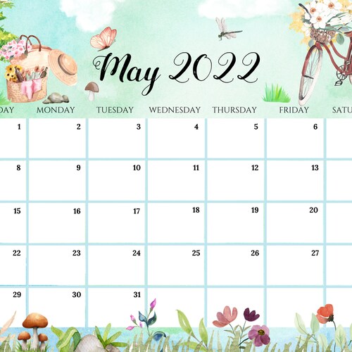 editable may 2022 calendar beautiful spring with butterfly etsy