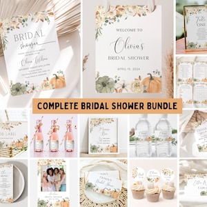 Autumn Floral Pumpkin Bridal Shower Invitation Bundle, Fall in Love Bridal Shower Template, Games Welcome Sign, Fall Pumpkin Decor, EDITABLE
