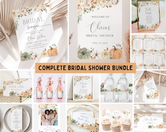 Autumn Floral Pumpkin Bridal Shower Invitation Bundle, Fall in Love Bridal Shower Template, Games Welcome Sign, Fall Pumpkin Decor, EDITABLE