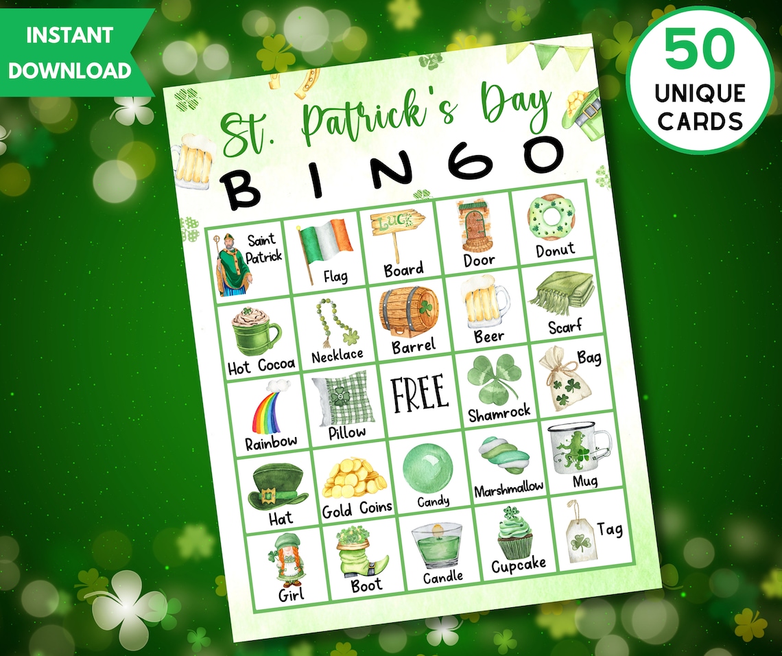 Printable St Patrick's Day Bingo Game, 50 Unique Bingo Cards w/Labels, St Patrick's Day Activity for Kids, Teens & Adults, Instant Download image 1