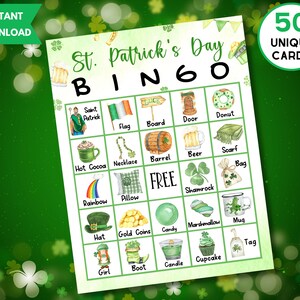 Jogo de bingo para impressão do Dia de São Patrício, 50 cartões de bingo exclusivos com rótulos, atividade do Dia de São Patrício para crianças, adolescentes e adultos, download instantâneo