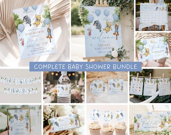 Winnie-the-Pooh Baby Shower Bundle, Blue Balloon Classic Pooh Boy Baby Shower, Editable Canva Template, Instant Download