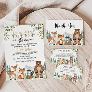 Editable Woodland Baby Shower Invitation Set, Woodland Animal Invite Pack, Woodland Theme, Greenery Forest Animal Template, Digital Download