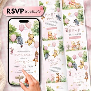 Könnte beinhalten: Eine digitale Babyparty-Einladung auf einem Smartphone-Bildschirm und gedruckte Karten mit Aquarellillustrationen von Winnie Puuh-Figuren, die rosa Luftballons halten. Der Text enthält RSVP trackable, Baby Shower, Baby Registry, Diaper Raffle und Save the Date mit Veranstaltungsdetails für den 26. August.