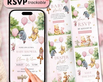 Winnie the Pooh Baby Shower Website Invitation, Online RSVP Digital Invite, Girl Baby Shower, Editable Canva Template, Instant Download