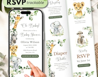 Editable Safari Baby Shower Website Invitation, Online RSVP Digital Invite, Greenery Jungle Animals Boy Girl Gender Neutral Canva Template