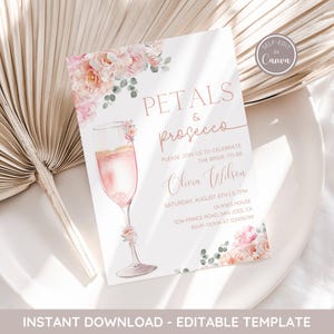 Petals and Prosecco Bridal Shower Invitation, Blush Pink Floral Bridal Shower Template,  Prosecco Wedding Shower Invite, Editable, Printable