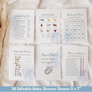 May include: A set of 36 printable baby shower games in blue and white with floral accents. The games include "Celebrity Baby Name", "Animal Gestation", "Find the Guest Binge", "Baby's Bookictionary", "Pacifier Hunt", and "Mom Said - Dad Said".