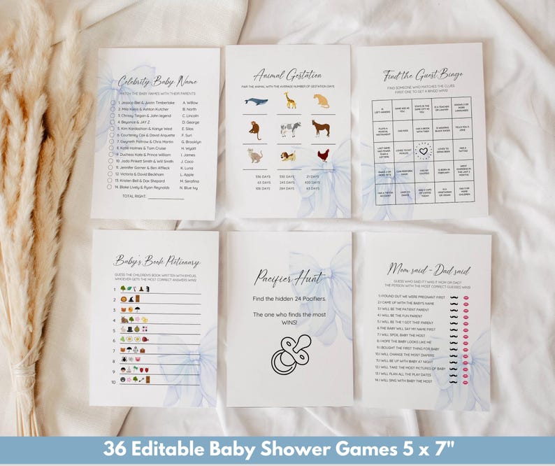 May include: A set of 36 printable baby shower games in blue and white with floral accents. The games include "Celebrity Baby Name", "Animal Gestation", "Find the Guest Binge", "Baby's Bookictionary", "Pacifier Hunt", and "Mom Said - Dad Said".