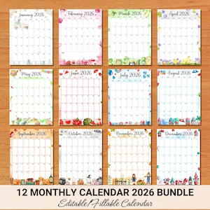May include: A bundle of twelve 2026 monthly calendars, each with a unique decorative border. The calendars are arranged in a grid, showcasing a variety of seasonal themes. The text "12 MONTHLY CALENDAR 2026 BUNDLE" is displayed at the bottom.