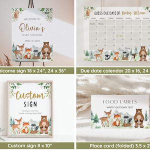 Pu&ograve; includere: Set di cartelli stampabili per una festa di baby shower a tema bosco. Il cartello di benvenuto presenta un orso bruno, una volpe, un cervo e un procione. Il cartello dice "Benvenuti alla festa di baby shower di Olivia il 15 aprile 2023". Il calendario della data di nascita presenta un orso bruno, una volpe, un cervo e un procione. Il cartello dice "Indovina la data di nascita di Baby Wilson". Il cartello personalizzato presenta un orso bruno, una volpe, un cervo e un procione. Il cartello dice "Cartello personalizzato Scrivi il tuo testo Crea cartelli illimitati 8x10". La carta da tavolo presenta un orso bruno, una volpe, un cervo e un procione. Il cartello dice "Etichette alimentari Scrivi il tuo testo".