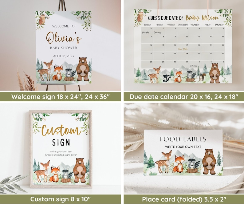 Pu&ograve; includere: Set di cartelli stampabili per una festa di baby shower a tema bosco. Il cartello di benvenuto presenta un orso bruno, una volpe, un cervo e un procione. Il cartello dice "Benvenuti alla festa di baby shower di Olivia il 15 aprile 2023". Il calendario della data di nascita presenta un orso bruno, una volpe, un cervo e un procione. Il cartello dice "Indovina la data di nascita di Baby Wilson". Il cartello personalizzato presenta un orso bruno, una volpe, un cervo e un procione. Il cartello dice "Cartello personalizzato Scrivi il tuo testo Crea cartelli illimitati 8x10". La carta da tavolo presenta un orso bruno, una volpe, un cervo e un procione. Il cartello dice "Etichette alimentari Scrivi il tuo testo".