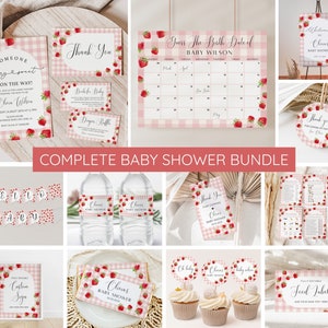 May include: A complete baby shower bundle with a strawberry theme. The bundle includes invitations, thank you cards, food labels, water bottle labels, cupcake toppers, a welcome sign, a guess the birth date calendar, and a banner.