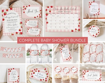 May include: A complete baby shower bundle with a strawberry theme. The bundle includes invitations, thank you cards, food labels, water bottle labels, cupcake toppers, a welcome sign, a guess the birth date calendar, and a banner.