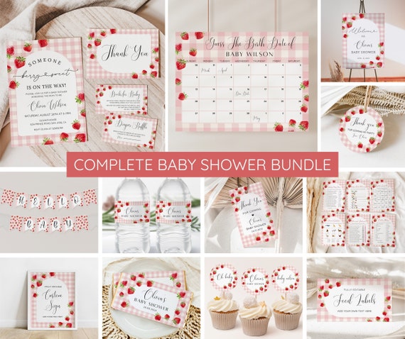 Pink Gingham Berry Sweet Baby Shower Invitation Bundle, Strawberry Baby Sprinkle Invitation Set, Summer Baby Shower, Berry Sweet Baby shower