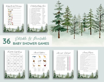 Laat het avontuur beginnen Babyshower spelbundel, bosrijke babyshoweractiviteit, avontuur wacht op bos Pine Tree Games, bewerkbaar, afdrukbaar
