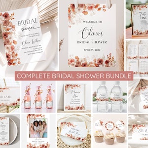Fall in Love Bridal Shower Invitation Bundle, Autumn Floral Bridal Shower Template, Bridal Games, Welcome Sign, Orange Boho Decor, EDITABLE