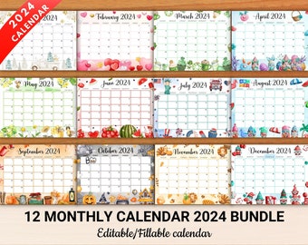 EDITABLE Monthly Calendar 2024 Bundle, Cute Printable Fillable Editable Monthly Calendar 2024, Editable PDF Calendar, Digital Download