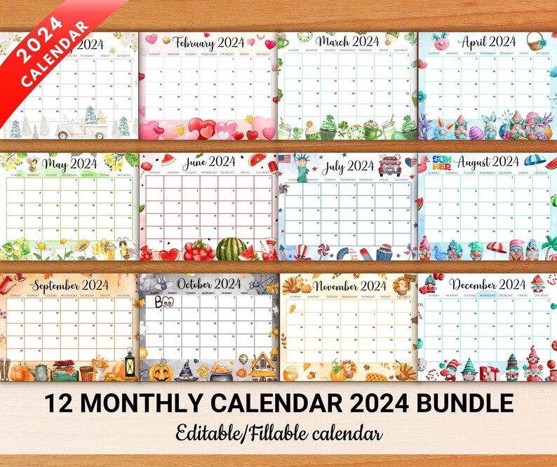 EDITABLE Monthly Calendar 2024 Bundle Cute Printable Fillable Etsy