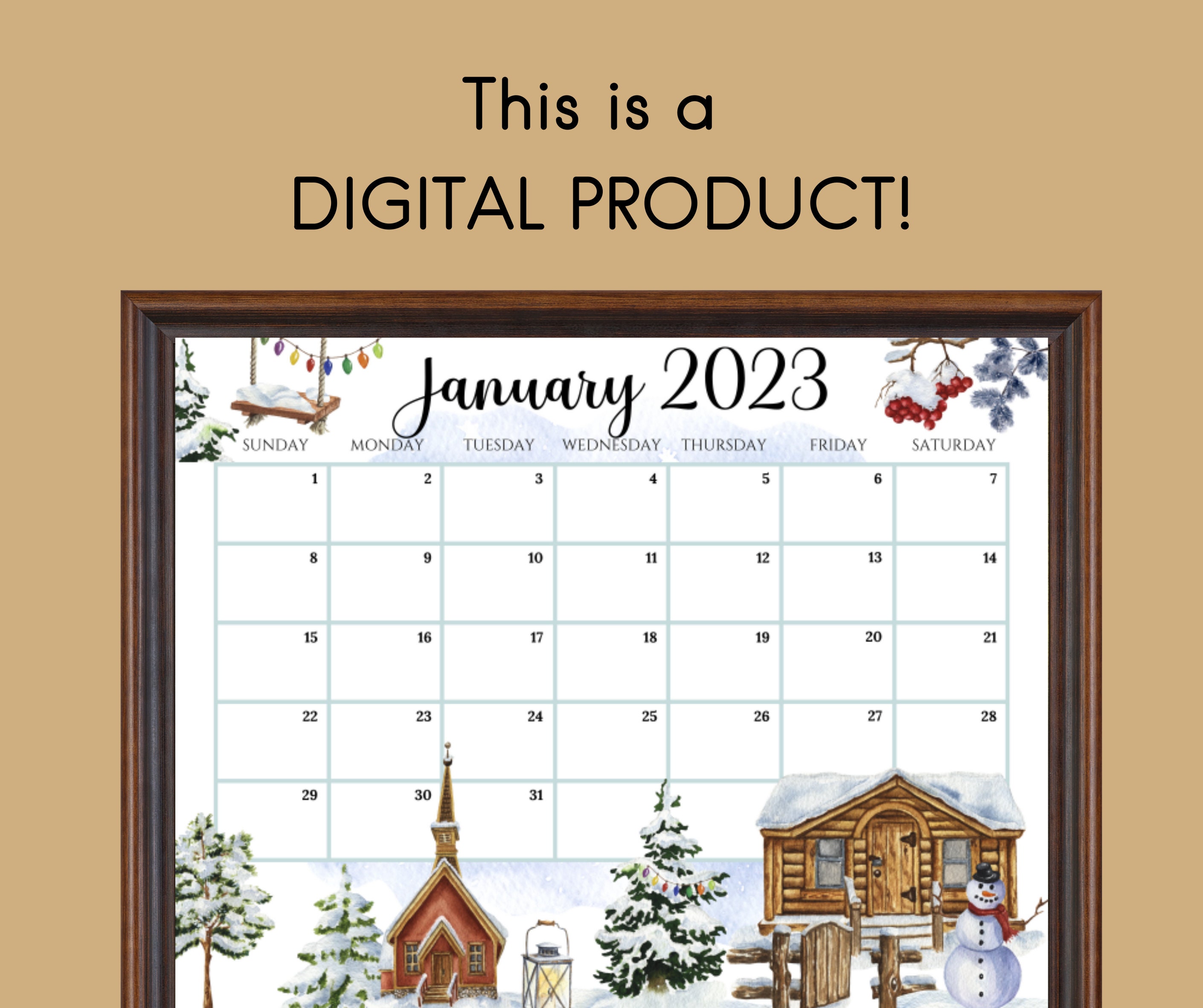 EDITABLE January 2023 Calendar Beautiful Winter at a Village - Etsy Israel