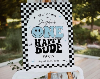 One Happy Dude Welcome Sign, Retro Smiley Face First Birthday Welcome Poster, Baby Boy 1st Birthday Party Sign, Editable Template, Printable