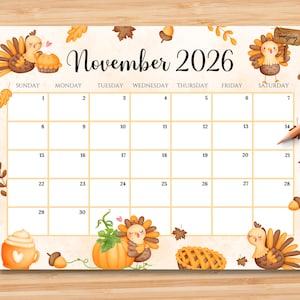 Calendario de noviembre de 2026 editable / Planificador mensual para niños, escuela, trabajo, oficina y hogar / PDF imprimible / Descarga instantánea