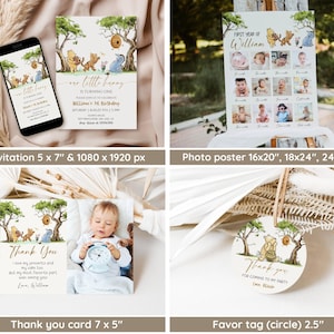 May include: Winnie the Pooh themed first birthday party printable set. Includes an invitation, photo poster, thank you card, and favor tag. The invitation is 5x7 inches and features Winnie the Pooh and his friends in a forest setting. The photo poster is 16x20 inches and features a grid of photos with the text "First Year of William". The thank you card is 7x5 inches and features Winnie the Pooh and his friends in a forest setting with the text "Thank You". The favor tag is 2.5 inches in diameter and features Winnie the Pooh and his friends in a forest setting with the text "Thank You".
