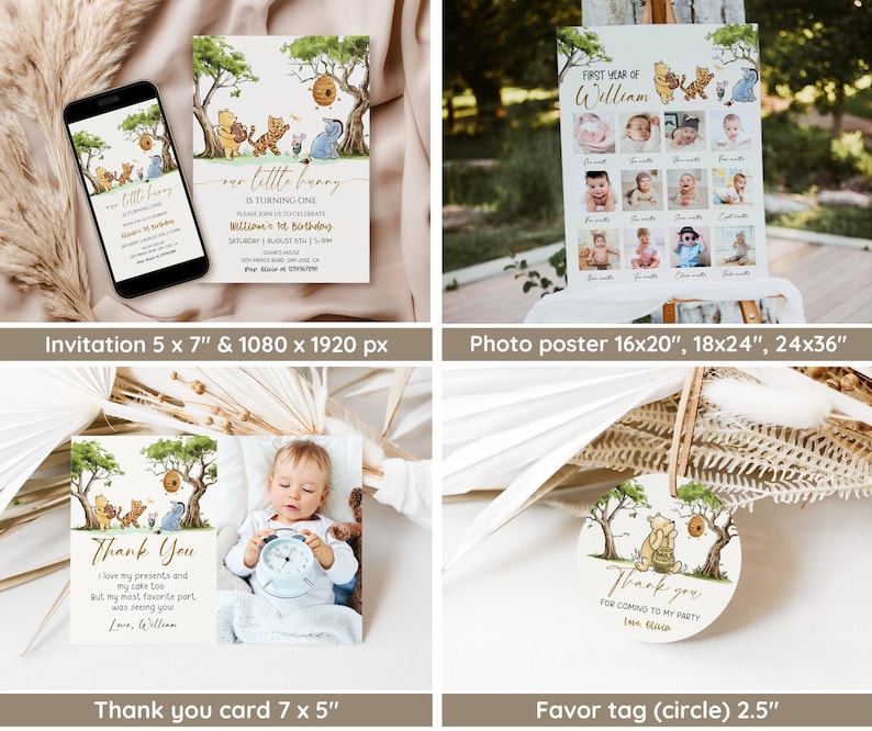 May include: Winnie the Pooh themed first birthday party printable set. Includes an invitation, photo poster, thank you card, and favor tag. The invitation is 5x7 inches and features Winnie the Pooh and his friends in a forest setting. The photo poster is 16x20 inches and features a grid of photos with the text "First Year of William". The thank you card is 7x5 inches and features Winnie the Pooh and his friends in a forest setting with the text "Thank You". The favor tag is 2.5 inches in diameter and features Winnie the Pooh and his friends in a forest setting with the text "Thank You".