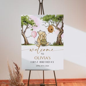 Winnie Puuh Willkommens-Schild, Classic Pooh Bär Babyparty Geburtstag Poster, Rosa Ballon-Thema, bearbeitbar, druckbar, Instant Download