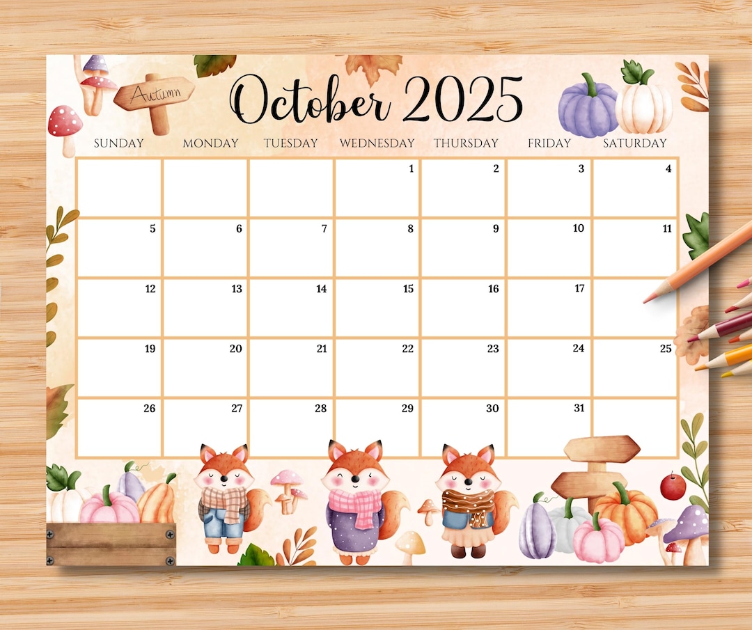 EDITABLE October 2025 Calendar, Beautiful Autumn With Cute Foxes