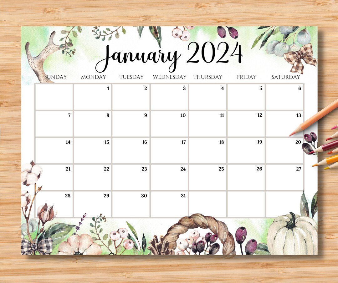 EDITABLE January 2024 Calendar, Watercolor Boho Winter New Year Planner