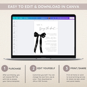 May include: A digital mockup of a laptop screen showing a wedding invitation template with a black bow and the text "SHE'S tying the knot". The invitation is customizable in Canva. The text below the image reads "EASY TO EDIT & DOWNLOAD IN CANVA".