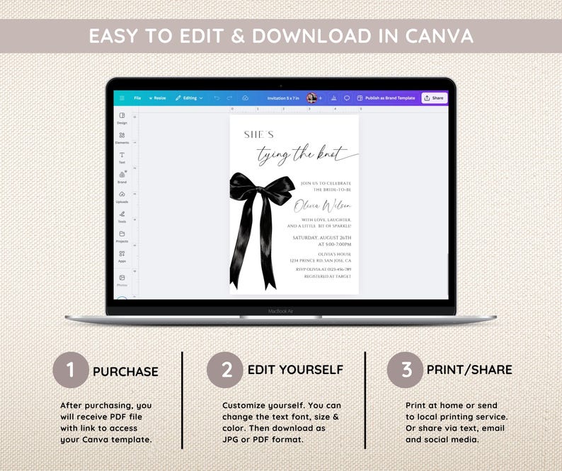 May include: A digital mockup of a laptop screen showing a wedding invitation template with a black bow and the text "SHE'S tying the knot". The invitation is customizable in Canva. The text below the image reads "EASY TO EDIT & DOWNLOAD IN CANVA".