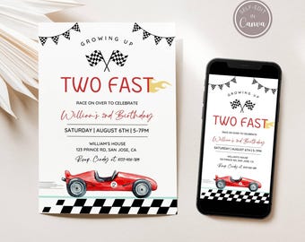 Editable TWO Fast Birthday Invitation, Electronic Race Car 2nd Birthday Invite, Racing Car Vintage Racecar, Printable, Canva Template