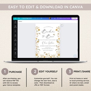 Puede incluir: Una pantalla de computadora port&aacute;til que muestra una plantilla de invitaci&oacute;n de despedida de soltera floral en Canva. La invitaci&oacute;n presenta un fondo blanco con un dise&ntilde;o floral y el texto "Bride to Be". El texto "Let's Celebrate the Bride to Be" est&aacute; en la parte superior de la invitaci&oacute;n. La invitaci&oacute;n tambi&eacute;n incluye el nombre de la novia, la fecha y la hora de la despedida de soltera, y la ubicaci&oacute;n. El texto "Easy to Edit & Download in Canva" se muestra encima de la computadora port&aacute;til.
