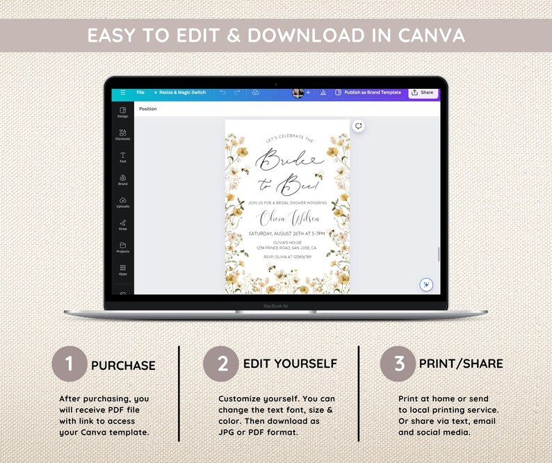 Puede incluir: Una pantalla de computadora port&aacute;til que muestra una plantilla de invitaci&oacute;n de despedida de soltera floral en Canva. La invitaci&oacute;n presenta un fondo blanco con un dise&ntilde;o floral y el texto "Bride to Be". El texto "Let's Celebrate the Bride to Be" est&aacute; en la parte superior de la invitaci&oacute;n. La invitaci&oacute;n tambi&eacute;n incluye el nombre de la novia, la fecha y la hora de la despedida de soltera, y la ubicaci&oacute;n. El texto "Easy to Edit & Download in Canva" se muestra encima de la computadora port&aacute;til.